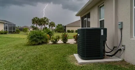 HVAC outdoor unit in a backyard against gloomy skies with subtle lightning